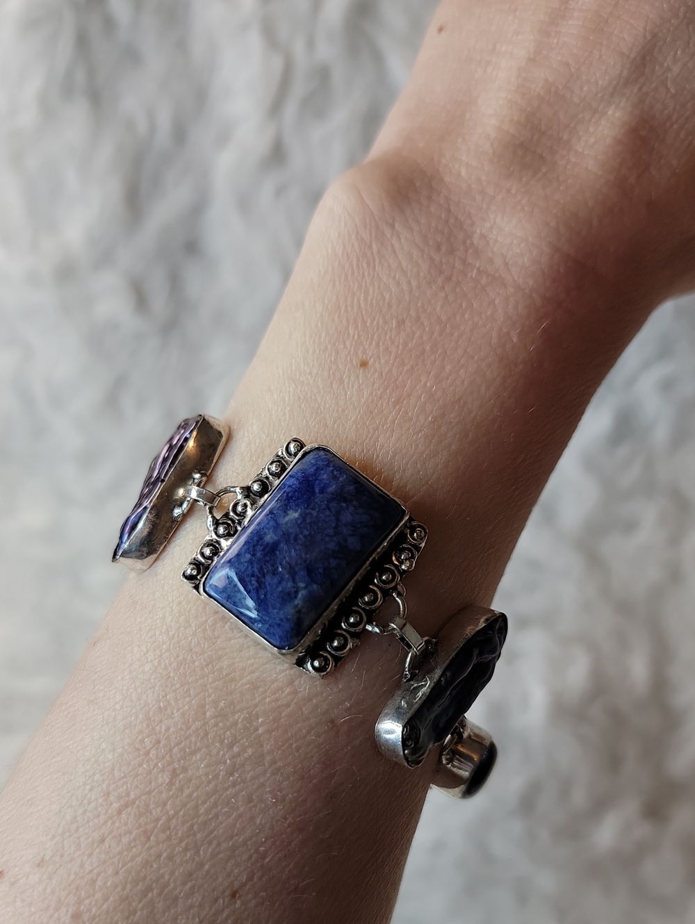 Artisan Sterling Silver Sodalite, Abalone And Cat's Eye Bracelet